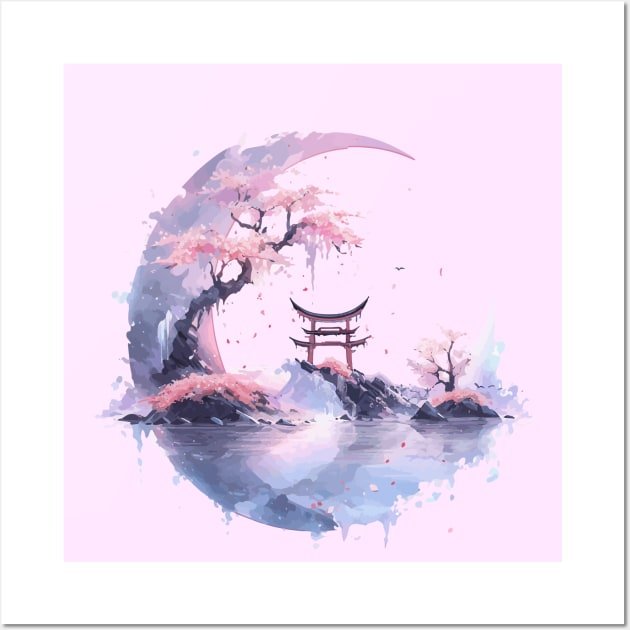 Japanese scenery of a tori with moon and sakura bonsai Wall Art by Myanko